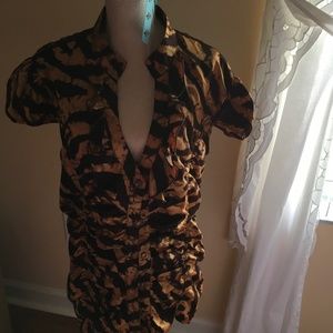 Tiger print rayon blouse, brown lace back.